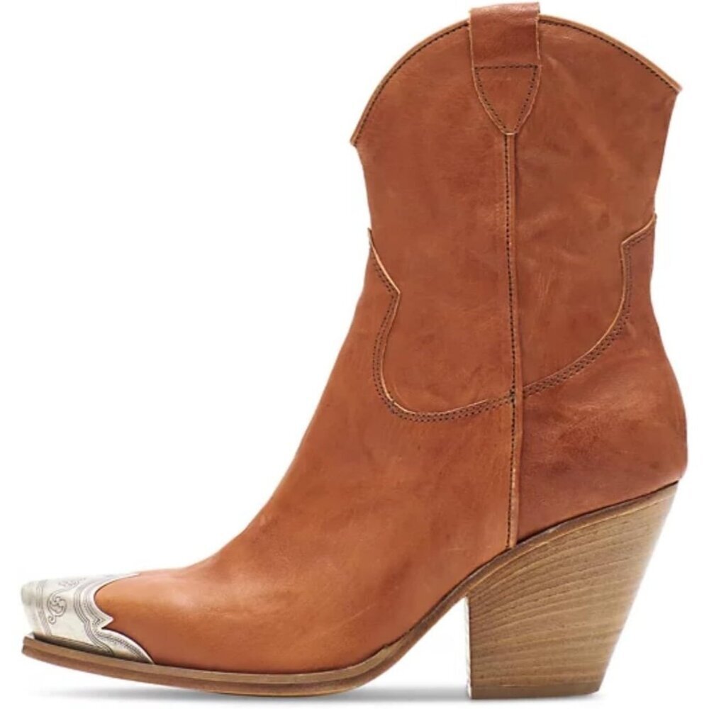 Women's Tan Faux Leather Steel Toe Side Zipper Block Heel Western Ankle Boots